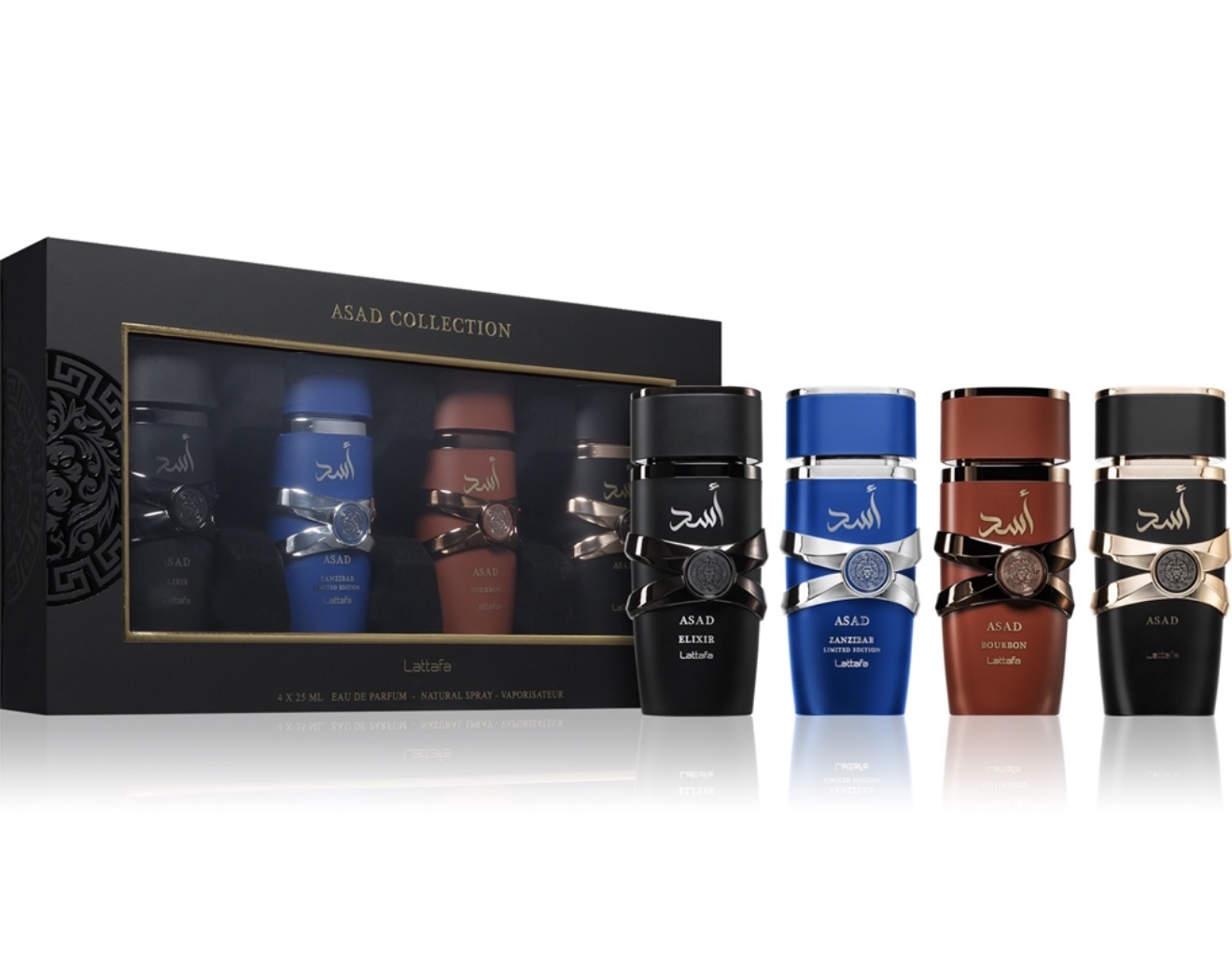 Coffret Lattafa Asad Collection com quatro eau de parfum de 25 ml