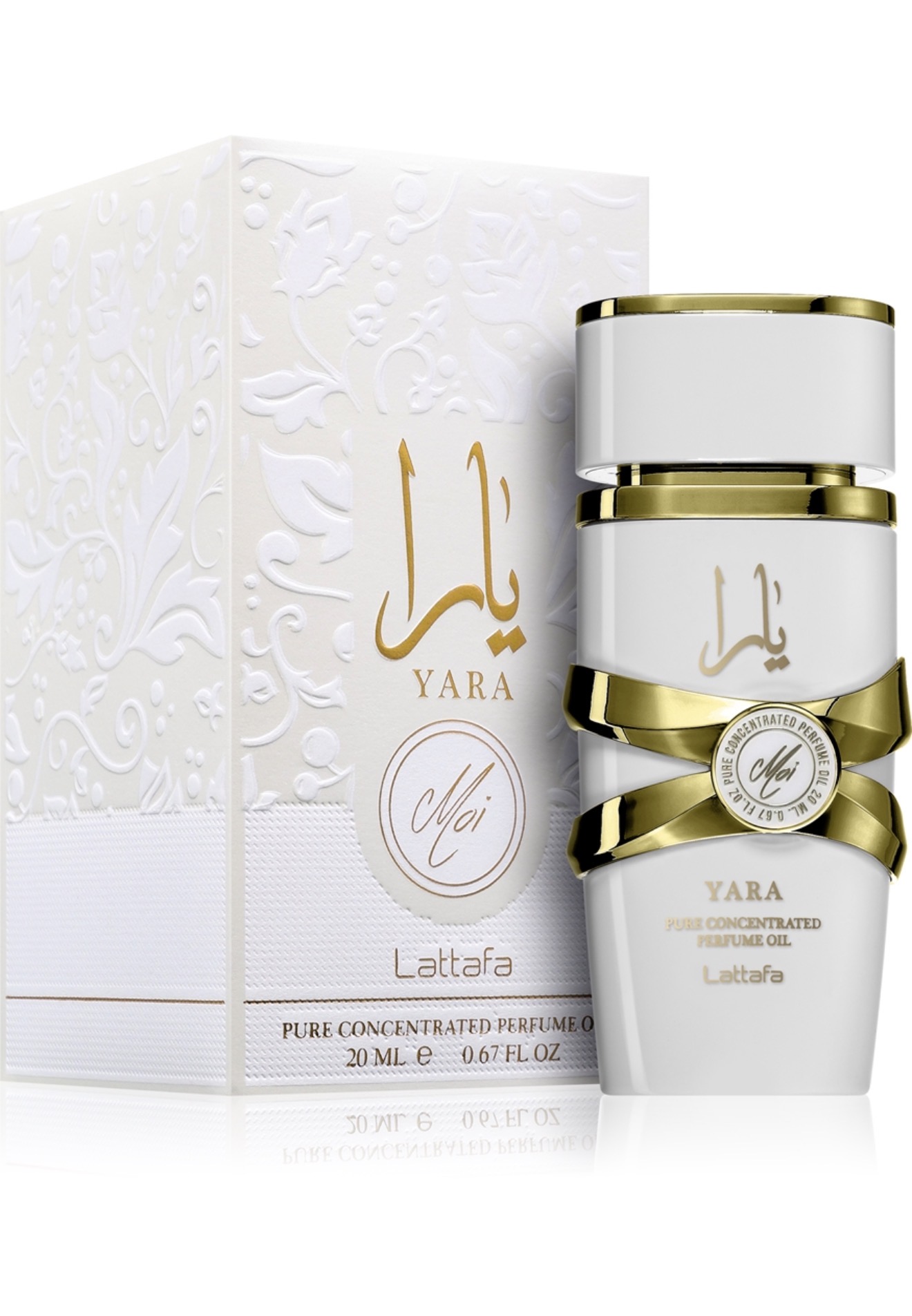 Óleo perfumado concentrado Lattafa Yara Moi de 20 ml em frasco branco e dourado