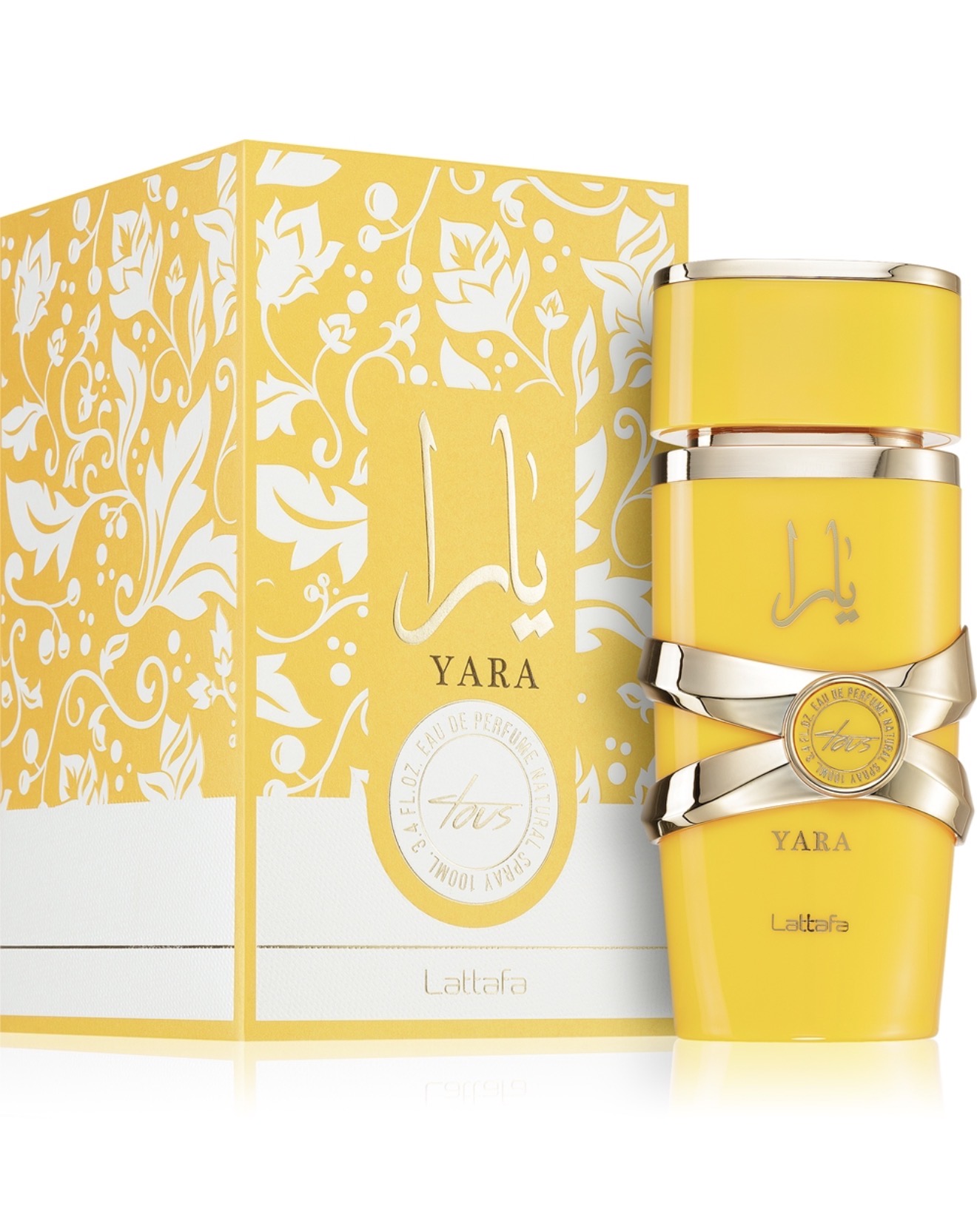 Eau de parfum Lattafa Yara Tous de 100 ml em frasco amarelo com laço dourado