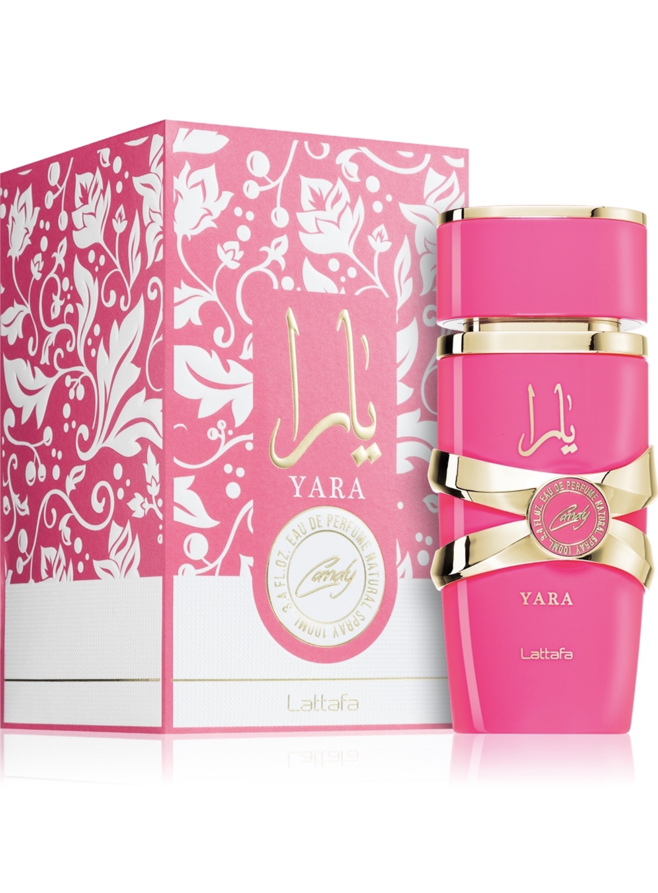 Eau de parfum Lattafa Yara Candy de 100 ml em frasco rosa com laço dourado