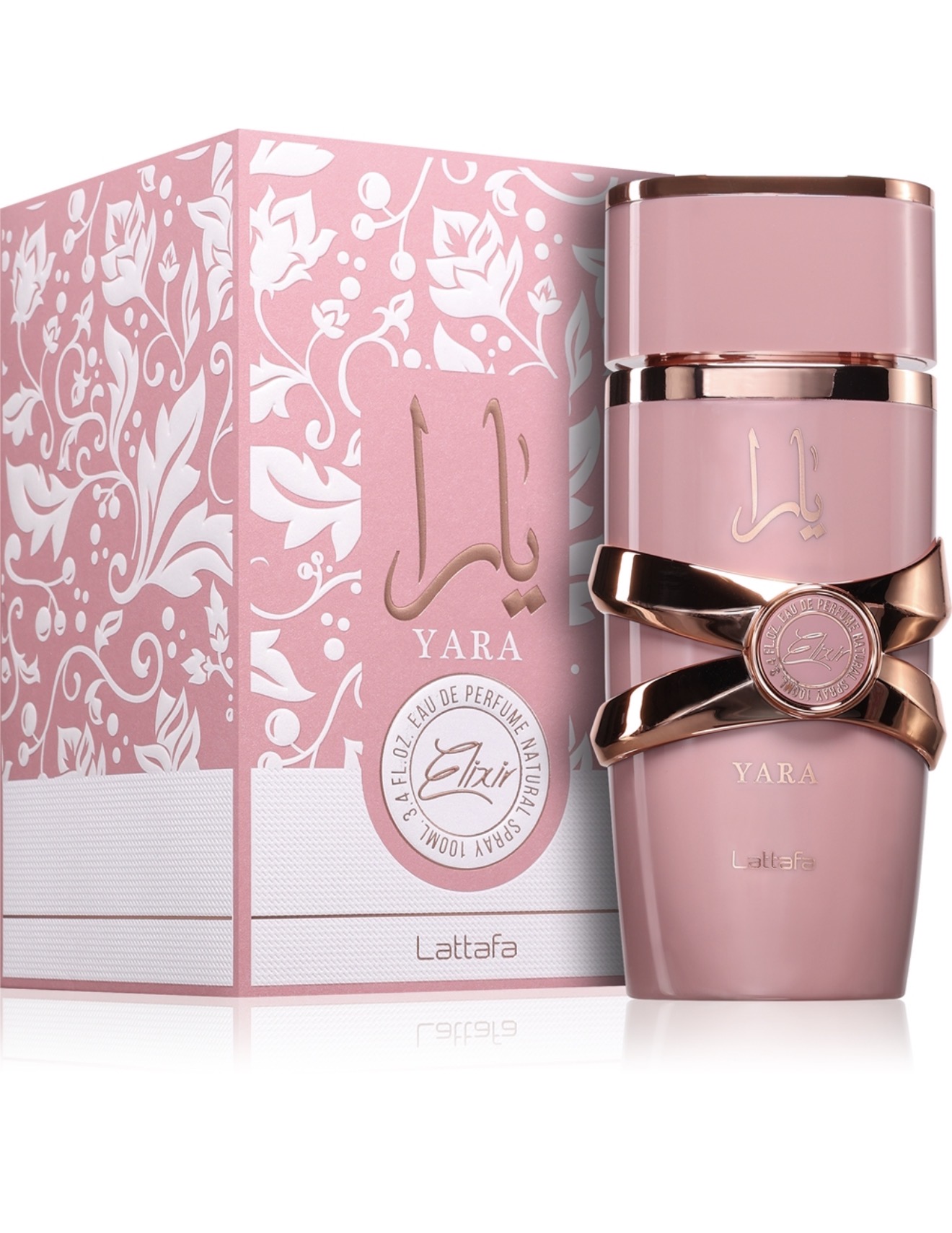 Eau de parfum Lattafa Yara Elixir de 100 ml em frasco rosa com detalhes em ouro rosa