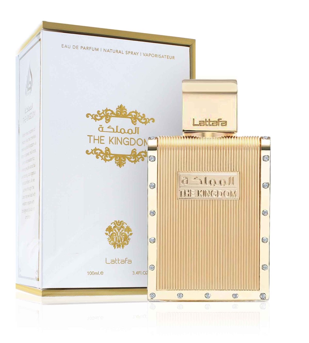 Eau de parfum Lattafa The Kingdom de 100 ml em frasco dourado com cristais