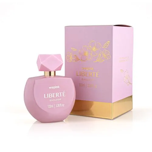 Perfume WePink Liberté Exclusif em frasco rosa com tampa dourada